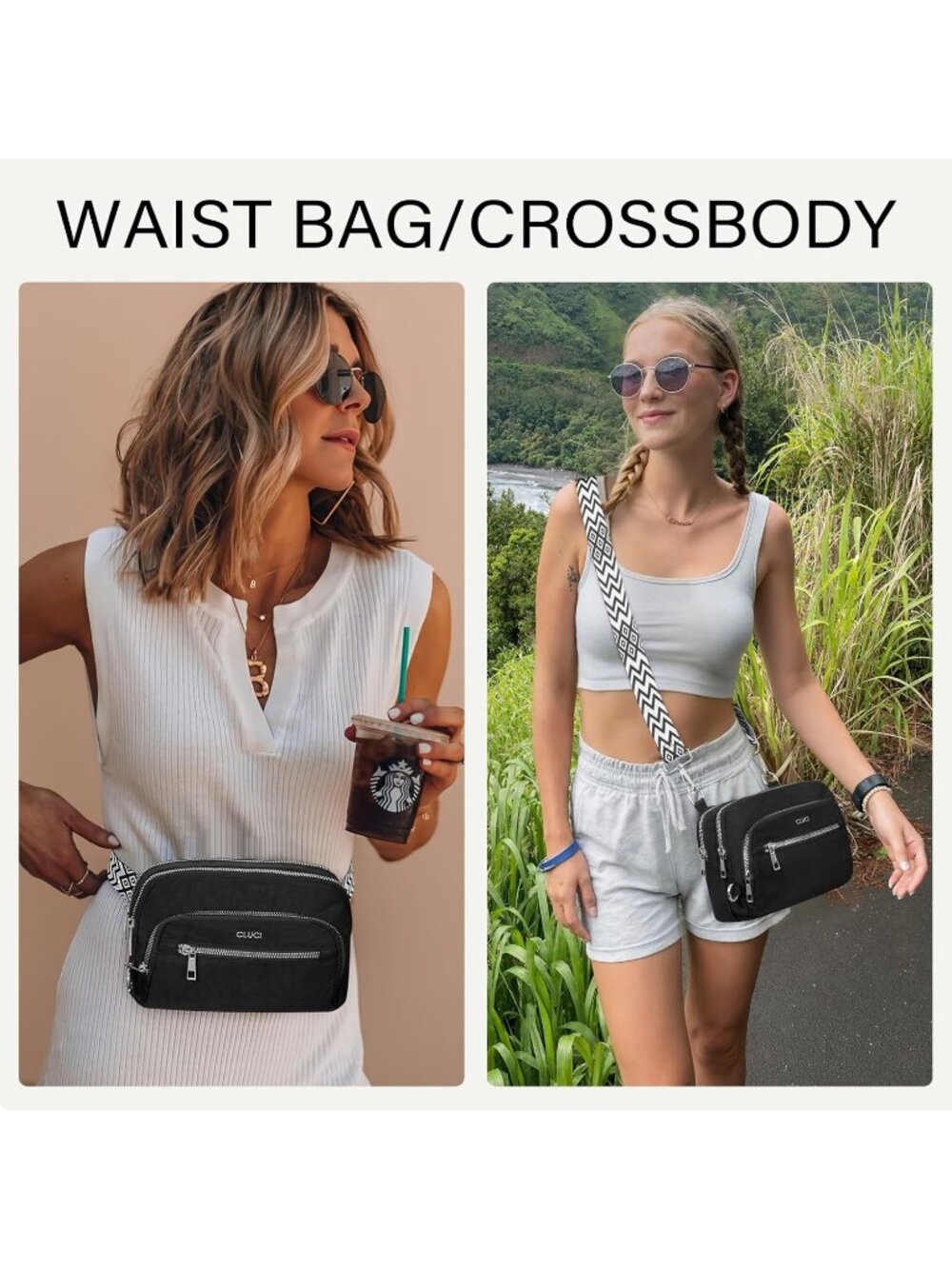 CLUCI Women's Black Small Crossbody Bags Foldie RFID Blocking Nylon Belt Bag - Picture 2 of 6